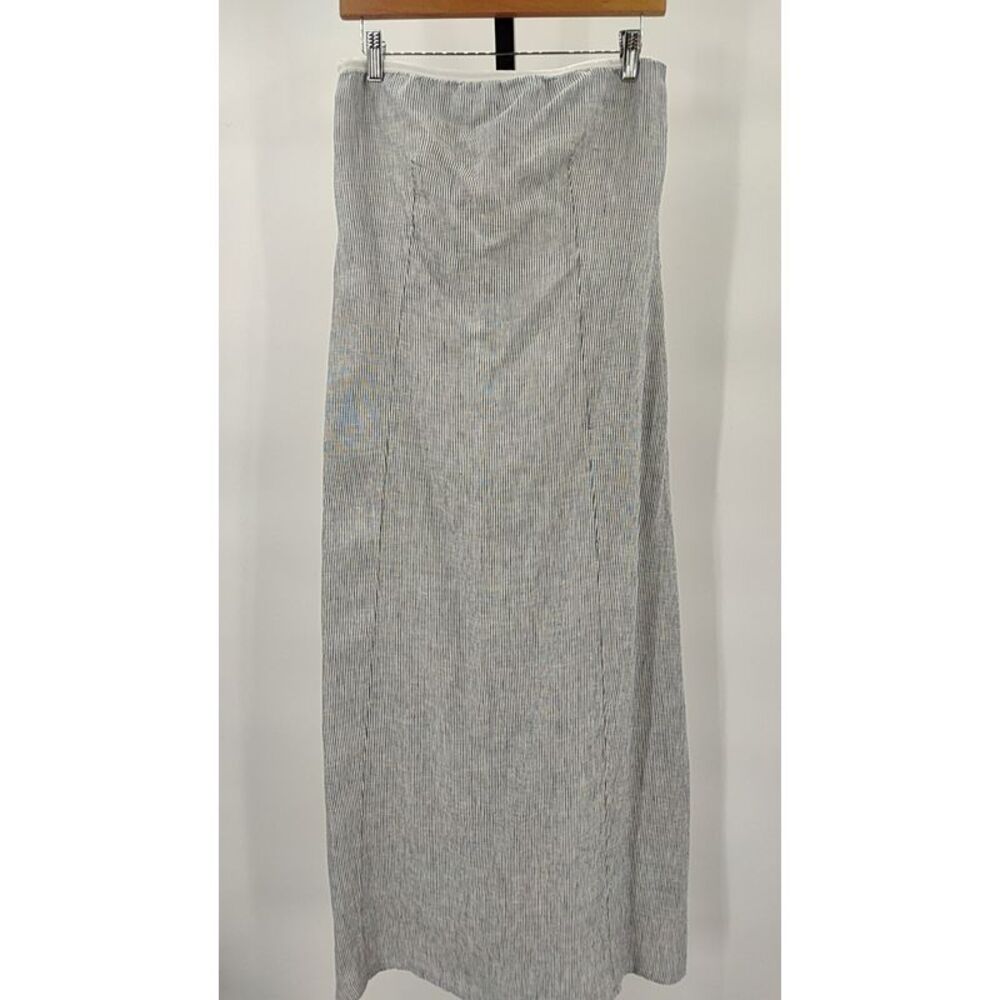Quince Womens 100% European Linen Strapless Maxi Dress Blue Pinstripe S